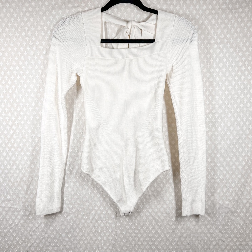 Abercrombie & Fitch Cream Ribbed Square Neck Tie Back Sweater‎ Bodysuit